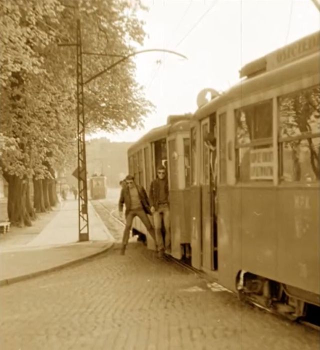 Na zdjęciu tramwaj i ludzie 