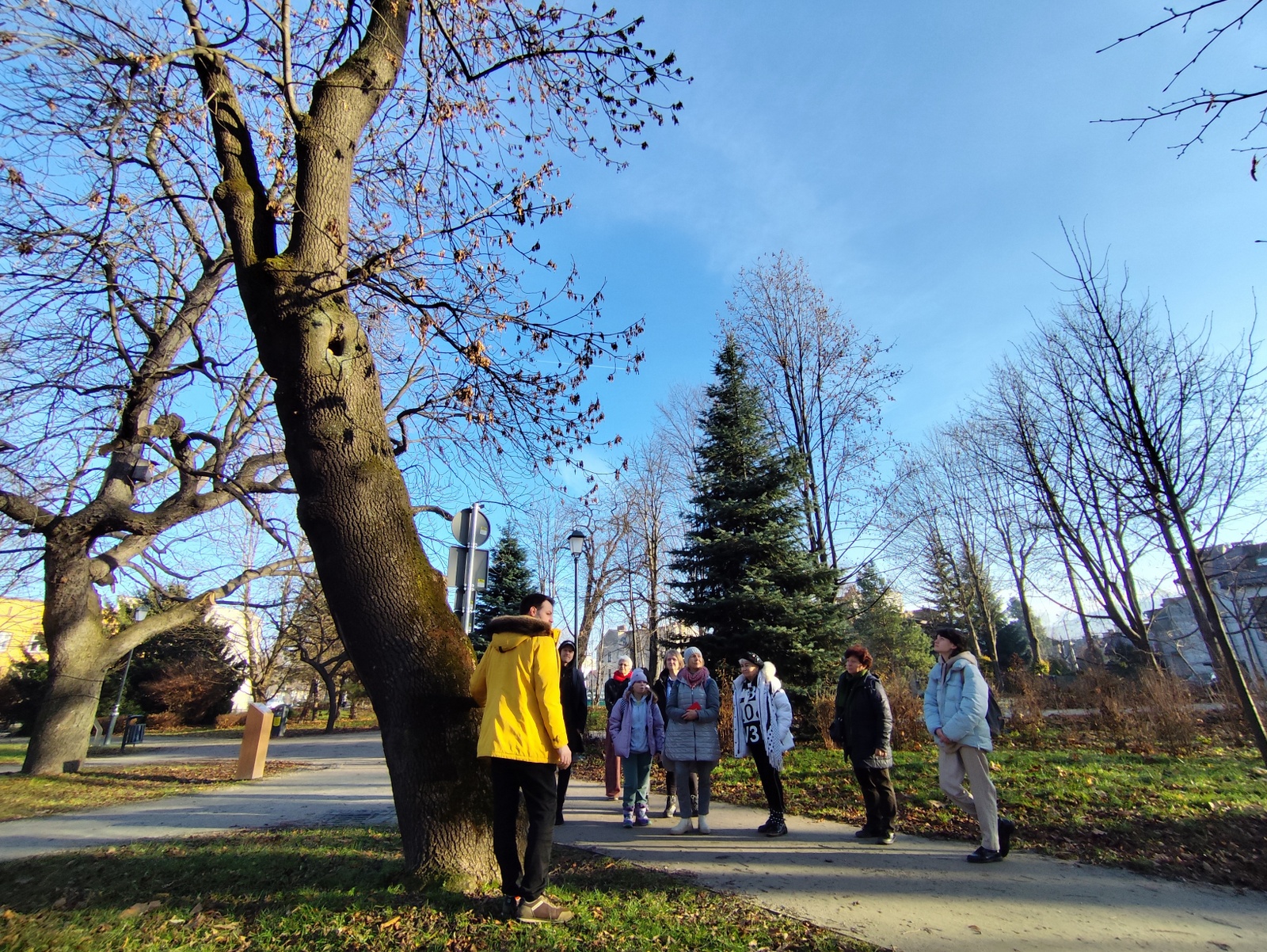 Group during a stop beneath a leaning tree – listening to the gardener explaining the role of trees in the urban ecosystem.