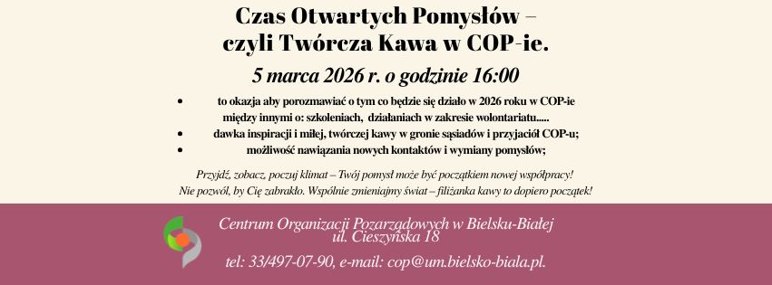 Plakat informacyjny o spotkaniu 5 marca o godzinie 16:00 w centrum organizacji pozarządowych w Bielsku-Białej