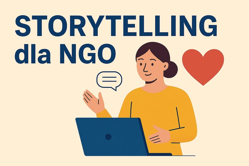 Storytelling dla NGO , grafika-kobieta z laptopem i czerwonym sercem w wersji rysunkowe.