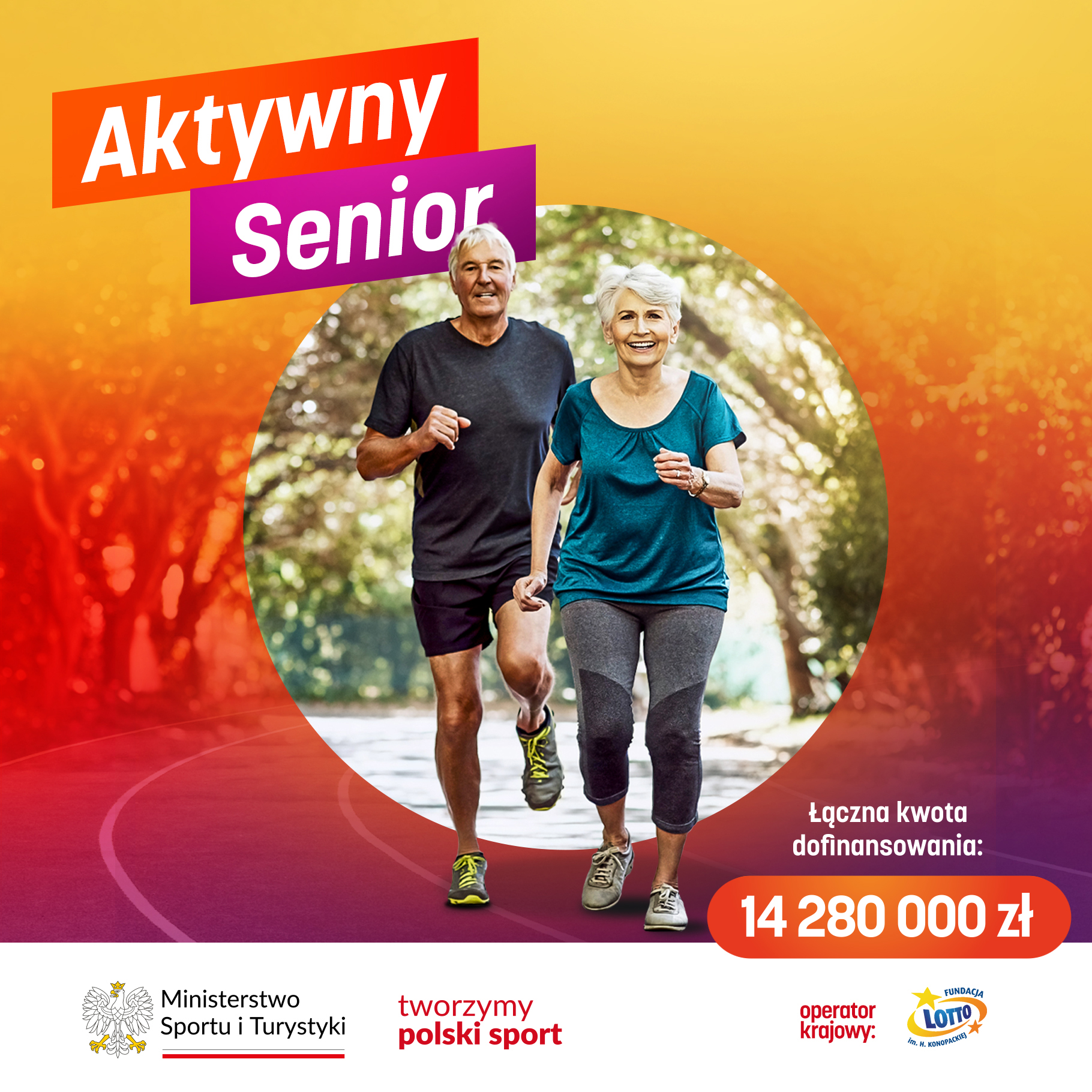 Grafika przedstawia kobietę i mężczyznę-seniorów aktywnych sportowo.