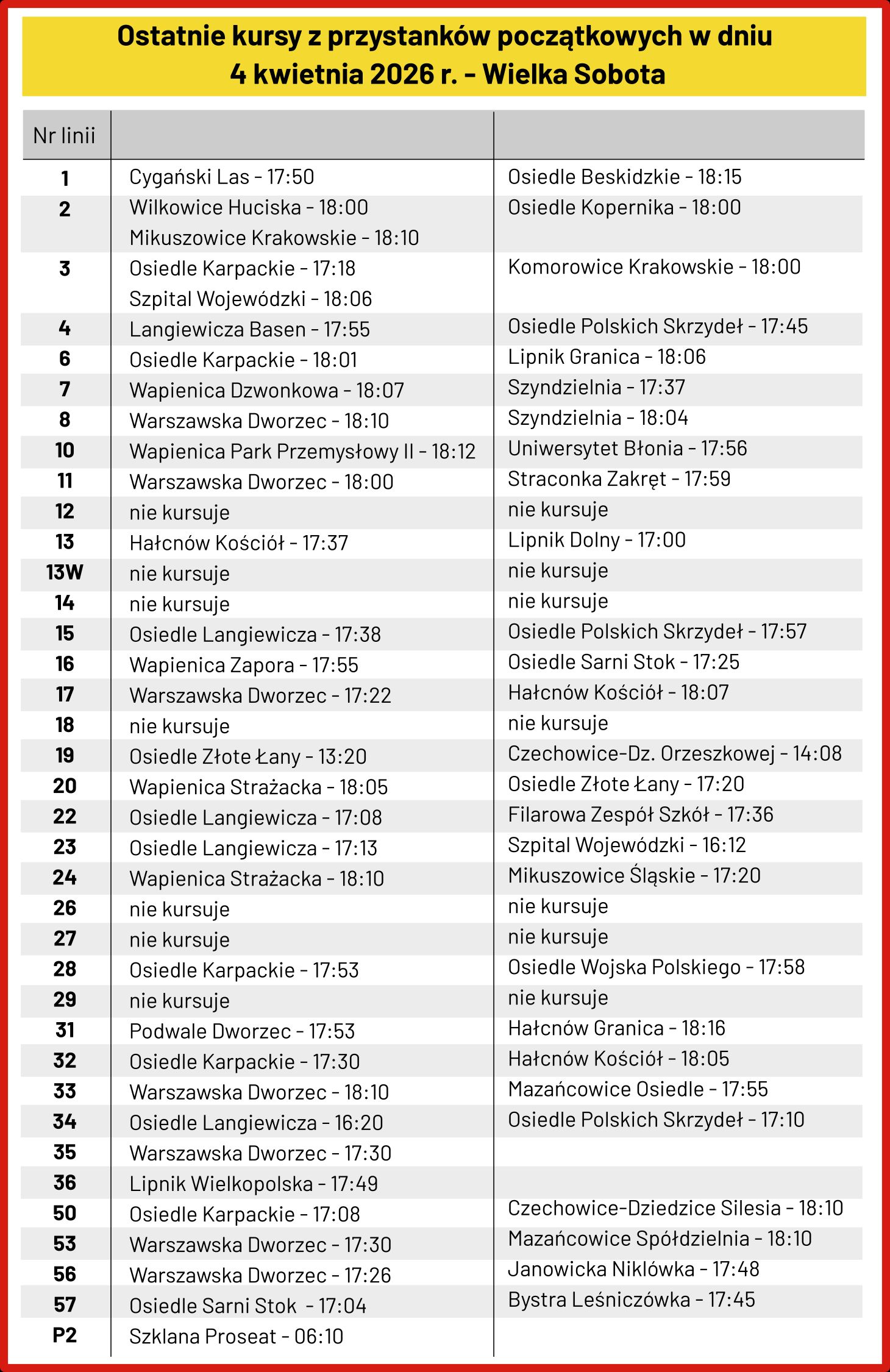 Na zdjęciu tabela kursowania autobusów 
