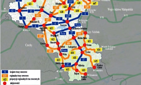 grafika przedstawiająca Koncepcję Śląskiej Sieci Trans Rowerowych z zaznaczonymi na mapie miastami i trasami rowerowymi  