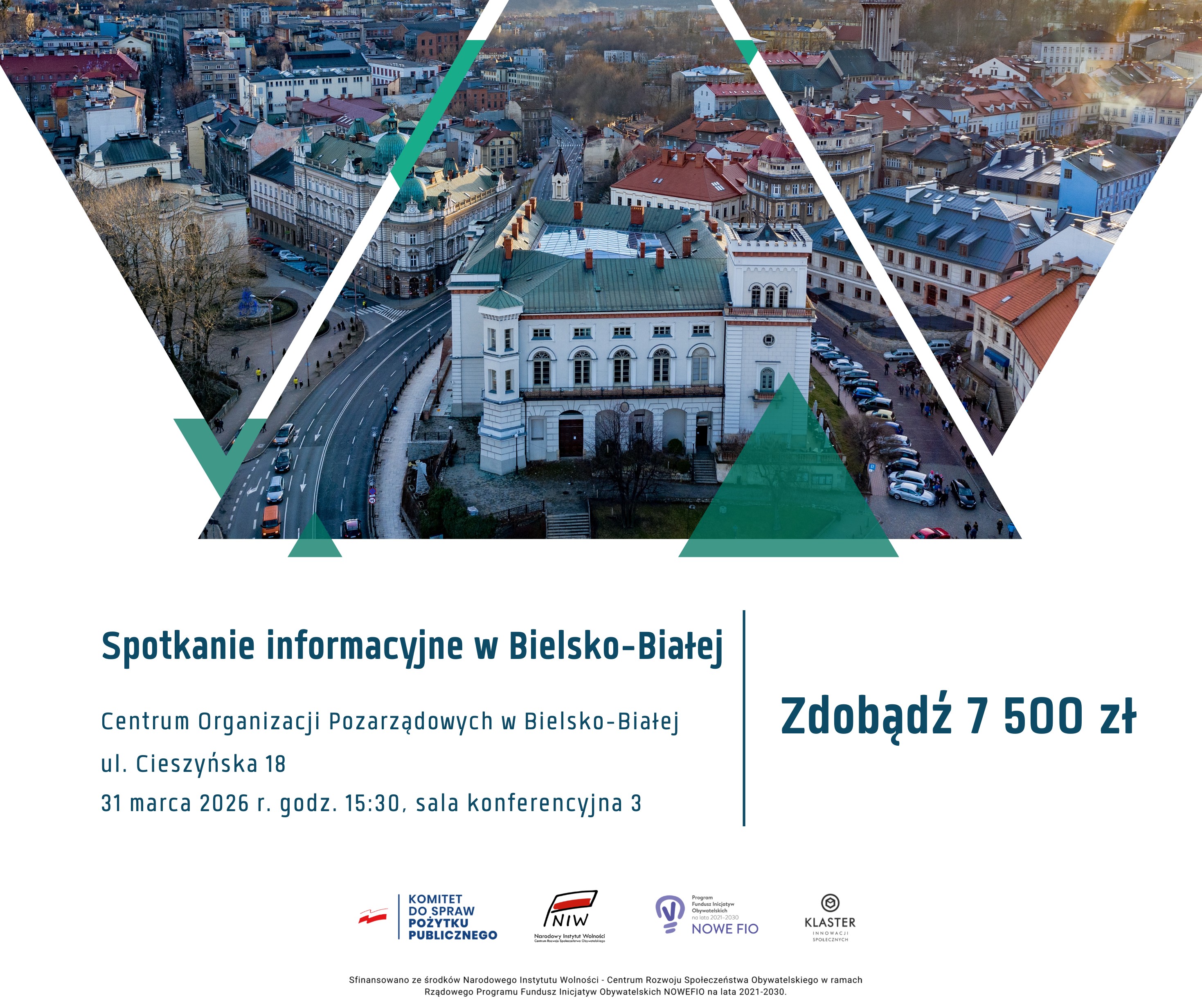 Grafika przedstawia miasto Bielsko-Biała ,pod zdjęciem jest informacja o spotkaniu informacyjny 31 marca 2026 r. o godzinie 15:30 w COP-„Śląskie Lokalnie” – edycja 2026
