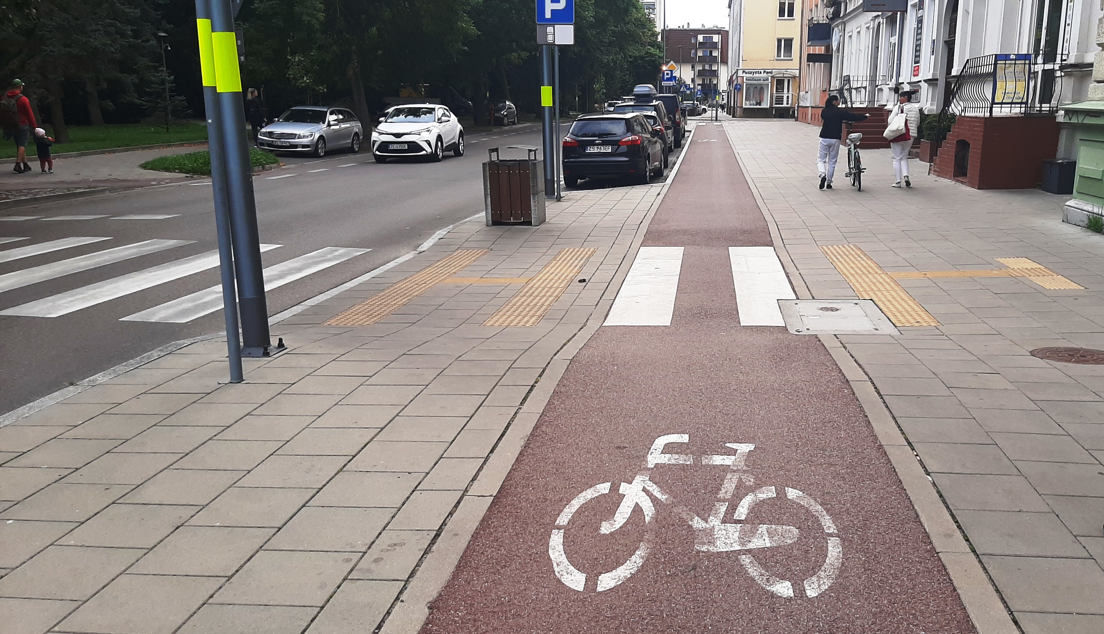 zdjęcie przedstawiające drogę dla rowerów, ulicę, pieszych, chodniki, znaki, budynki oraz zieleń