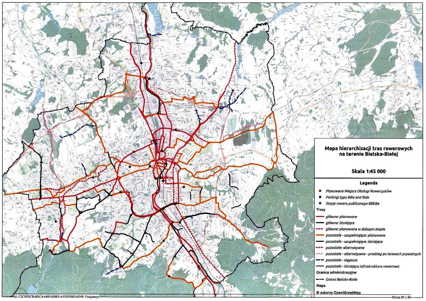 grafika przedstawiająca mapę hierarchizacji tras rowerowych na terenie Bielska-Białej.