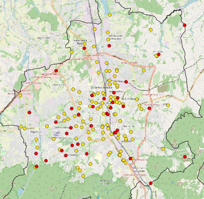 grafika przedstawiająca lokalizację zdarzeń drogowych z udziałem rowerzystów w latach 2017 – 2019. Kolizje – punkty żółte, Wypadki – punkty czerwone
