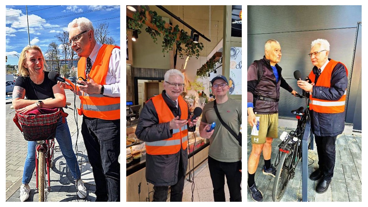 grafika przedstawiająca 3 zdjęcia, na każdym widzimy mężczyznę, który rozmawia z mieszkańcami podczas badania ankietowego 