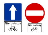 grafika przedstawiająca znaki drogowe droga jednokierunkowa oraz zakaz wjazdu, które nie dotyczą rowerów