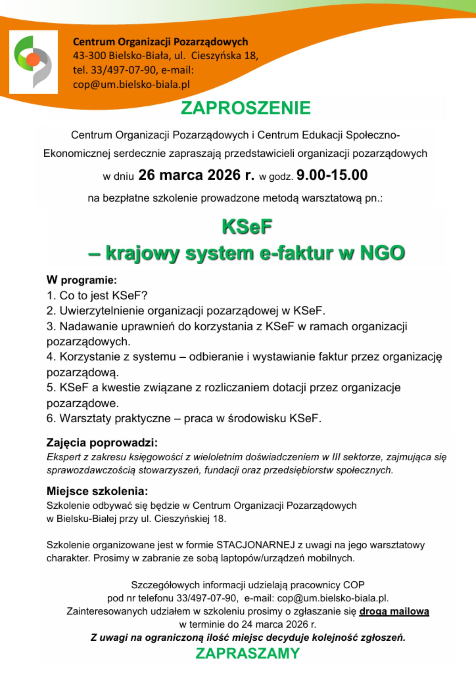 Grafika przedstawia logo Centrum Organizacji Pozarządowych oraz tekst informujący o szkoleniu 26.03.2026 roku KSeF 