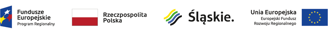 grafika przedstawiająca logo Funduszy Europejskich, flagę Polski, logo Województwa Śląskiego, logo Europejskiego Funduszu Rozwoju Regionalnego