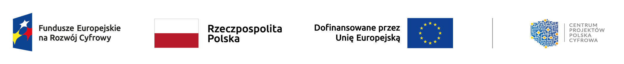 grafika przedstawiająca logo Funduszy Europejskich na Rozwój Cyfrowy, flagę Polski, flagę Unii Europejskiej z informację o dofinansowaniu z UE oraz logo Centrum Projektów Polska Cyfrowa