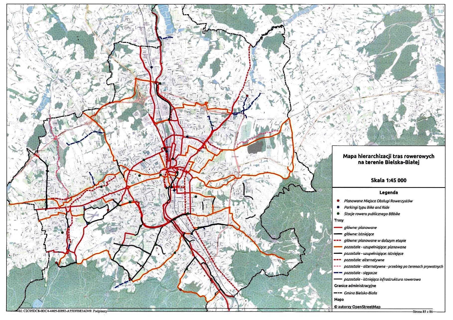 grafika przedstawiająca mapę hierarchizacji tras rowerowych w Bielsku-Białej
