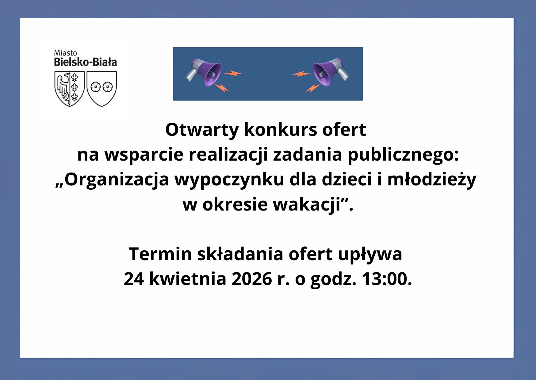 Grafika przedstawia logo Bielska-białej oraz dwa megafony wraz z tekstem ogłoszenia konkursu