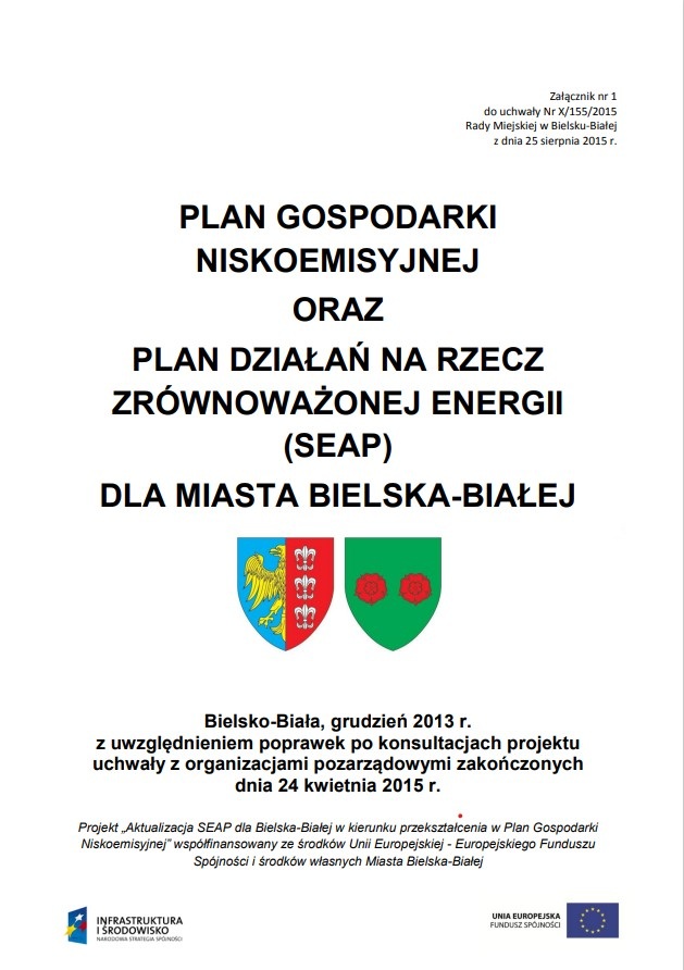 Grafika przedstawiająca okładkę Planu Gospodarki Niskoemisyjnej oraz Planu Działań na Rzecz Zrównoważonej Energii (SEAP) dla Miasta Bielska-Białej 