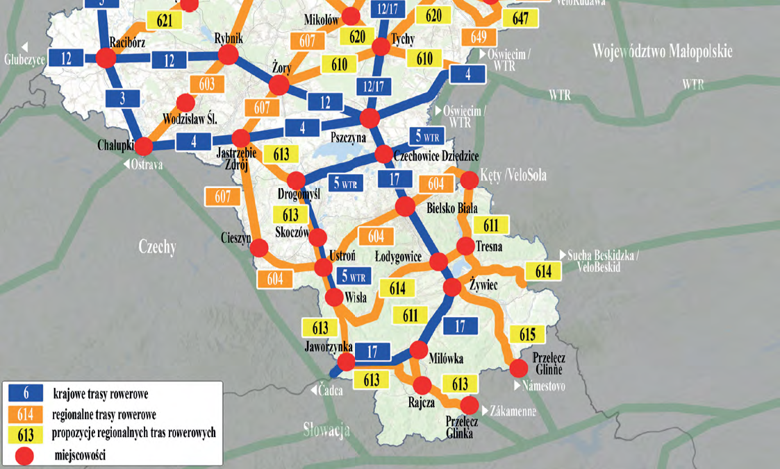 grafika przedstawiająca Koncepcję Śląskiej Sieci Trans Rowerowych z zaznaczonymi na mapie miastami i trasami rowerowymi  