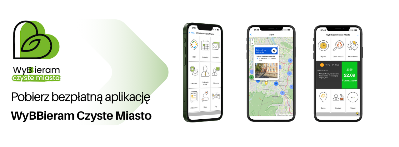 Banre reklamowy promujący aplikację WyBBieram Czyste Miasto z widocznym logotypem aplikacji oraz telefonami wyświetlającymi jak aplikacja wygląda.