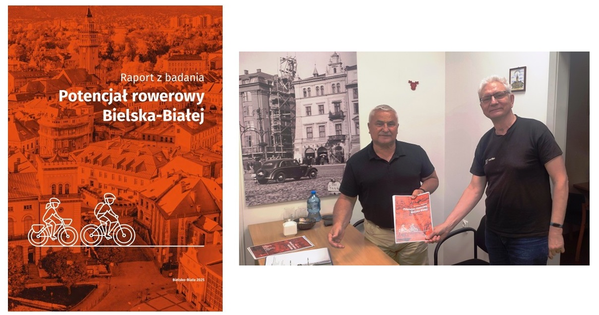 grafika przedstawiająca okładkę raportu oraz zdjęcie Pełnomocnika Prezydenta Miasta Bielska-Białej ds. Komunikacji Rowerowej w towarzystwie osoby przeprowadzającej wywiady  z mieszkańcami