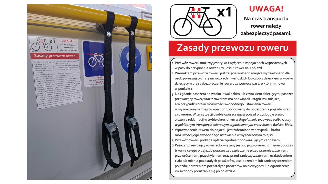 grafika przedstawiająca pas do mocowania rowerów oraz plakat informujący o zasadach przewozu rowerów