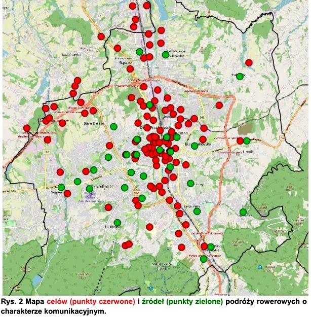 grafika przedstawiająca mapę celów i źródeł podróży rowerowych o charakterze komunikacyjnym