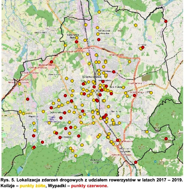 grafika przedstawiająca mapę lokalizacji zdarzeń drogowych z udziałem rowerzystów