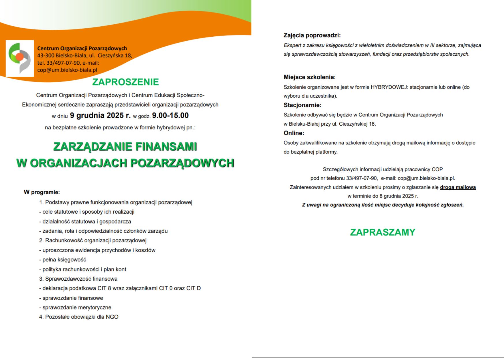 Grafika to logo COP na dwóch falach zielonej i pomarańczowej.