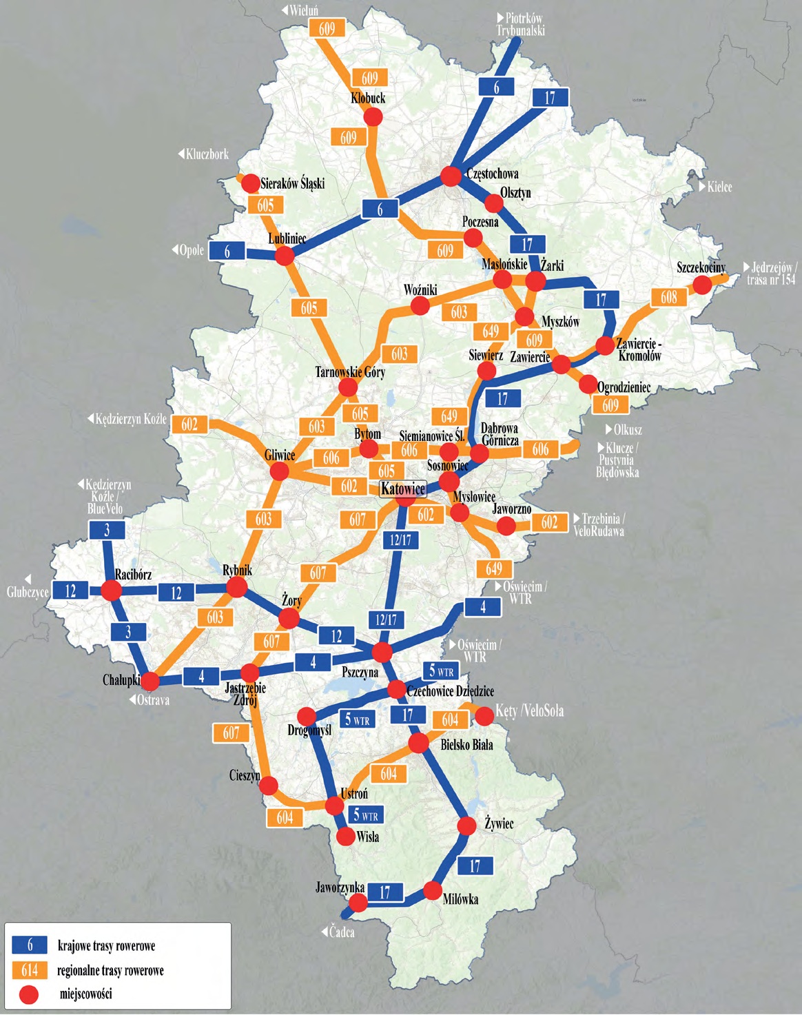 grafika przedstawiająca fragment mapy z oznaczonymi krajowymi i regionalnymi trasami rowerowymi oraz miejscowościami