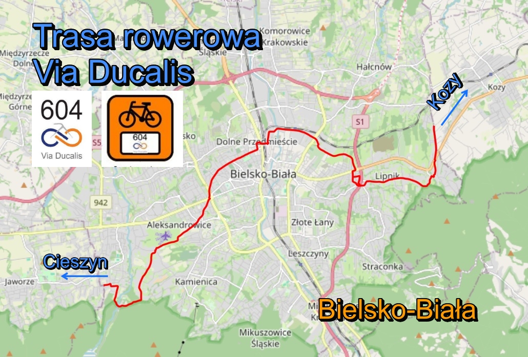 grafika przedstawiająca fragment mapy z zaznaczoną trasą rowerową Via Ducalis