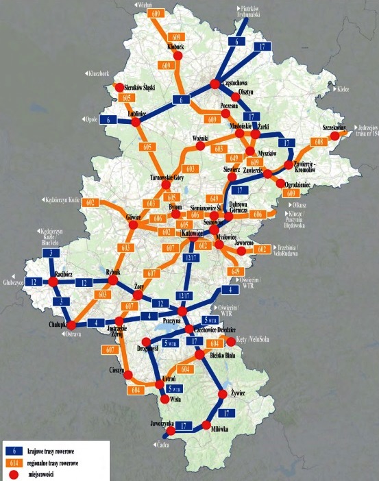 grafika przedstawiająca trasy rowerowe w Województwie Śląskim