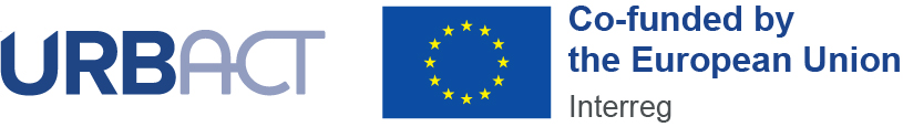 grafika przedstawiająca logo Programu URBACT, flagę Unii Europejskiej z informacją o dofinansowaniu przez UE oraz nazwę Programu Interreg