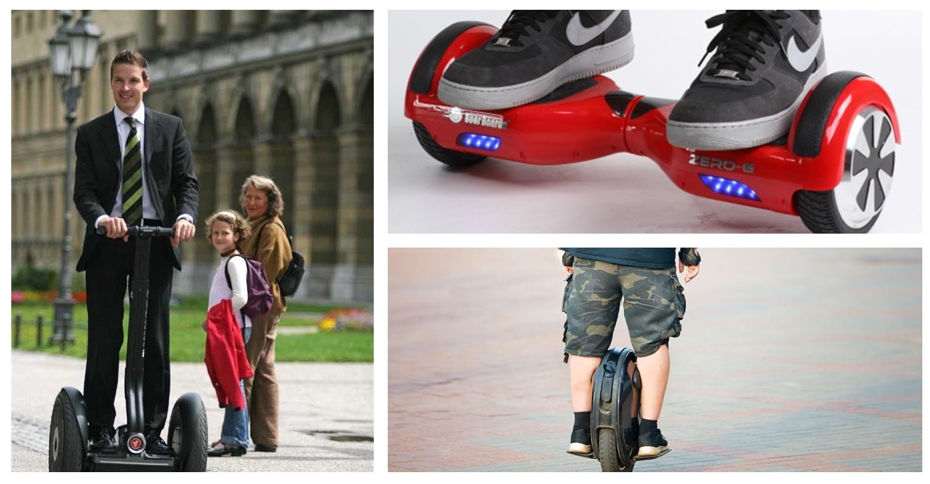 grafika przedstawiająca zdjęcia na których widzimy osoby na sagwayu, monocyklu elektrycznym oraz  hoverboardzie