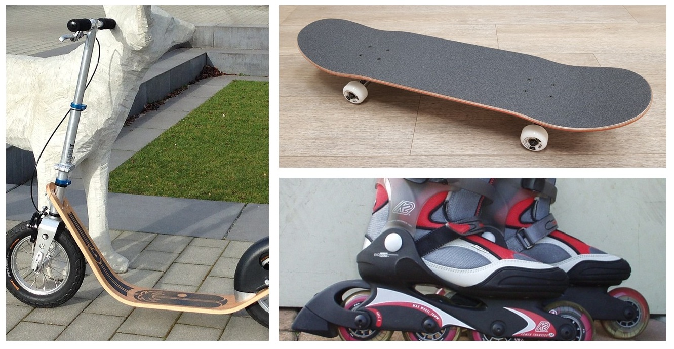 grafika przedstawiająca zdjęcie rolek, hulajnogi oraz deskorolki
