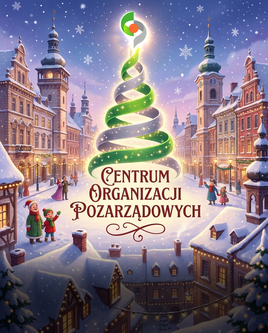 Grafika przedstawia kartkę świąteczną :bajkowe miasteczko z dziedzińcem na środku ,którego stoi choinka, na jej czubku jest logo Centrum Organizacji Pozarządowych.