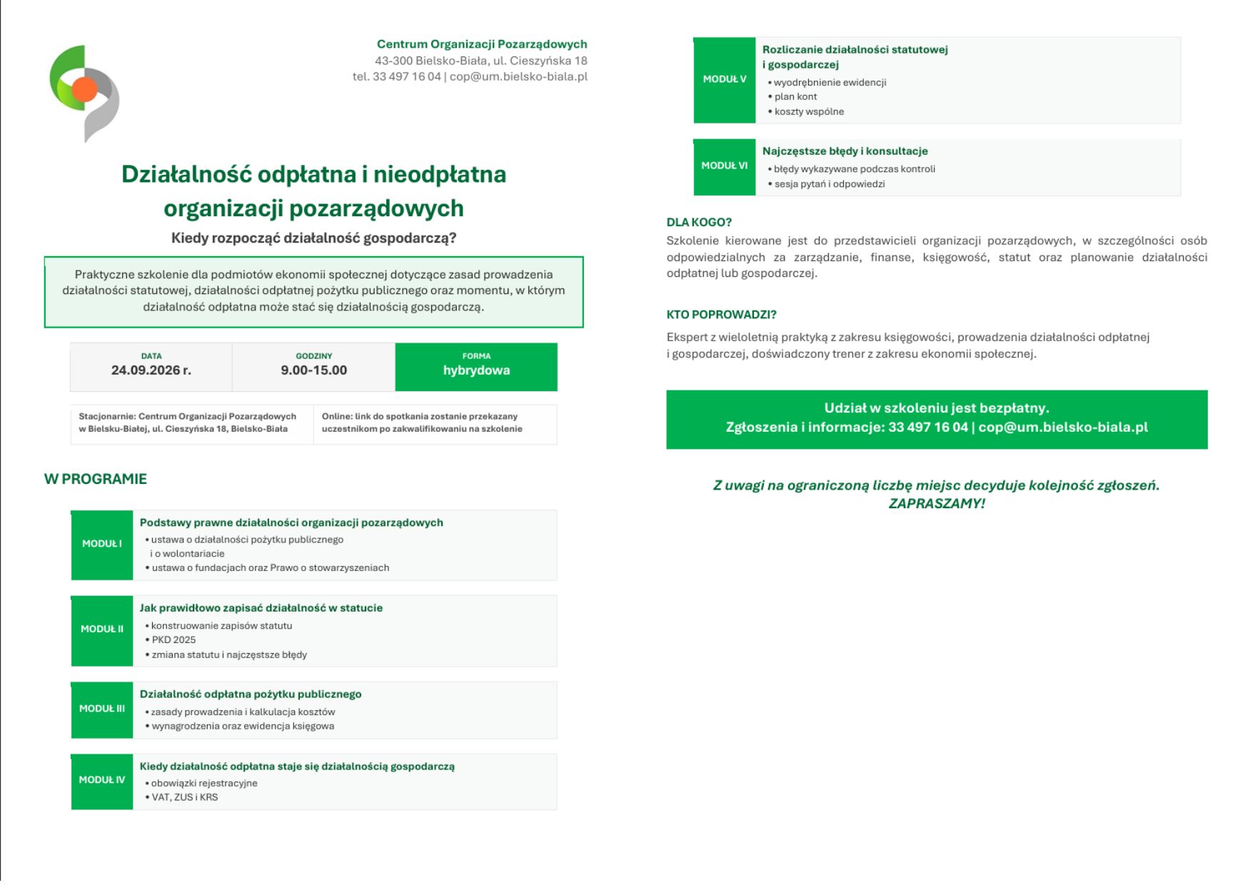 Grafika zawiera informacje o bezpłatnym szkoleniu w Centrum Organizacji Pozarządowych  24.09.2026 roku .