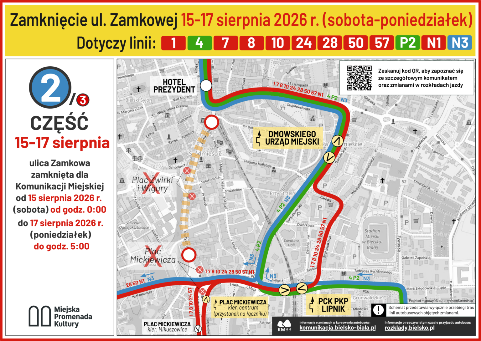 Na zdjęciu objazdy autobusów Komunikacji Miejskiej w Bielsku-Białej 
