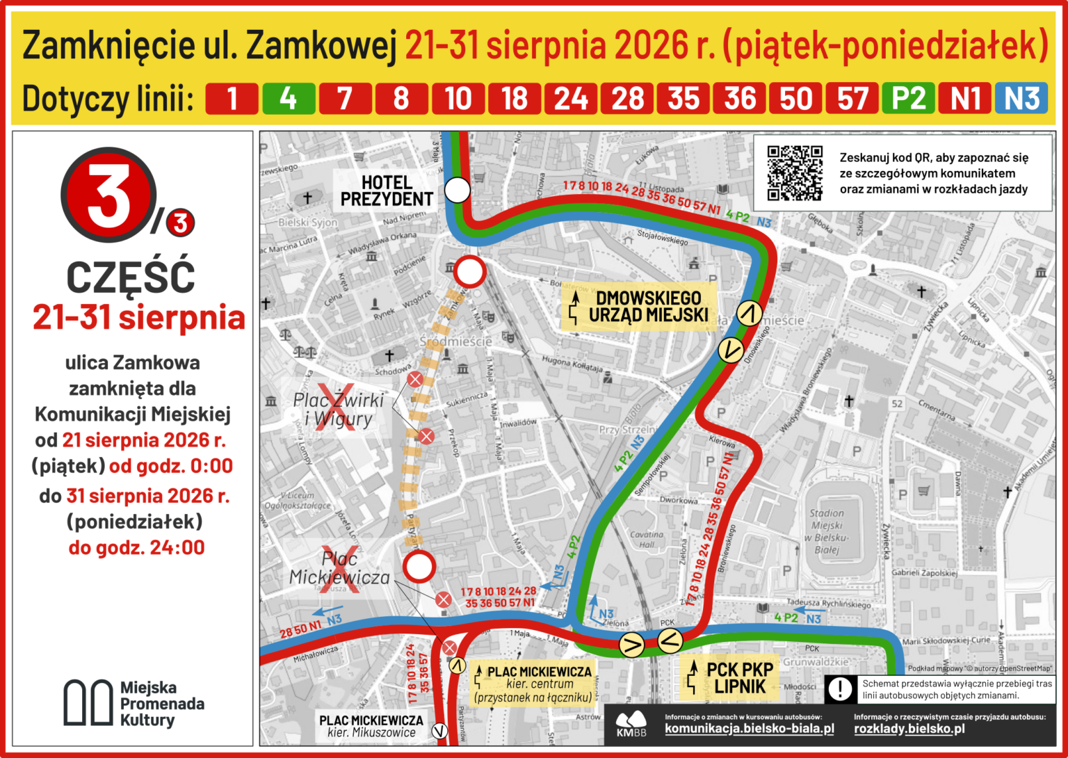 Na zdjęciu mapa objazdów Komunikacji Miejskiej