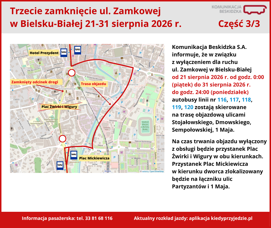 Na zdjęciu mapa objazdów Komunikacji Beskidzkiej