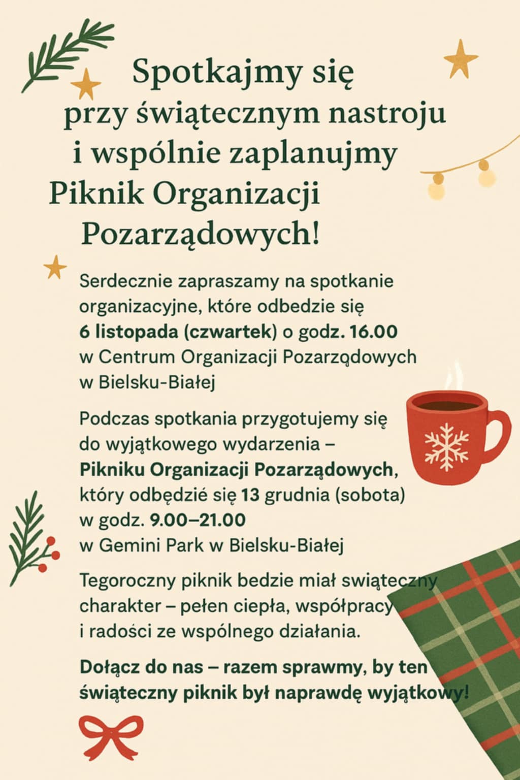 PLAKAT INFORMUJE O SPOTKANIU ORGANIZACYJNYM DOTYCZĄCYM xiii Pikniku Organizacji Pozarządowych, na kremowym tle z elementami świątecznymi: gwiazdka, choinka