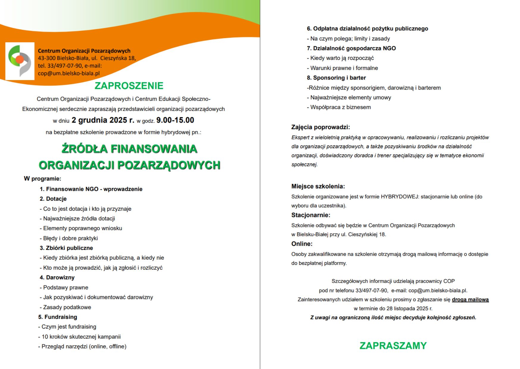 Na grafice znajduja sie informacje o szkoleniu 2 grudnia dodatkowo jest logo COP W LEWYM GÓRNYM ROGU.