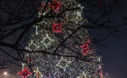 na zdjęciu ozdobione miasto i osoby podczas rozświetlenia