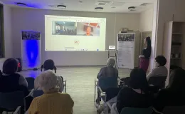 Participants watching Graham Fitkin speaking on the screen, the composer leading online workshops as part of the international project ‘Reviving Culture in Urban Spaces.