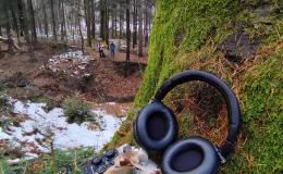 Headphones lying on moss beside a tree trunk. In the background, participants on the walk are taking notes.