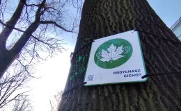 Sign marking the breathing trail (leaf symbol) attached to a tree.