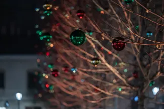 na zdjęciu ozdobione miasto i osoby podczas rozświetlenia