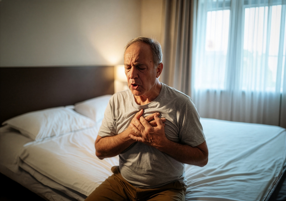 Na zdjęciu mężczyzna trzymający się za pierś
