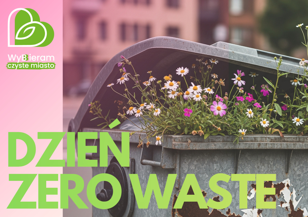 grafika - kwiaty wyrastające z pojemnika na odpady i napis: Dzień Zero Waste