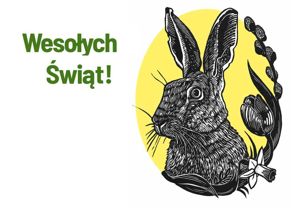 Na zdjęciu litografia przedstawiająca zająca i bazie na żółtym tle w kształcie jajka