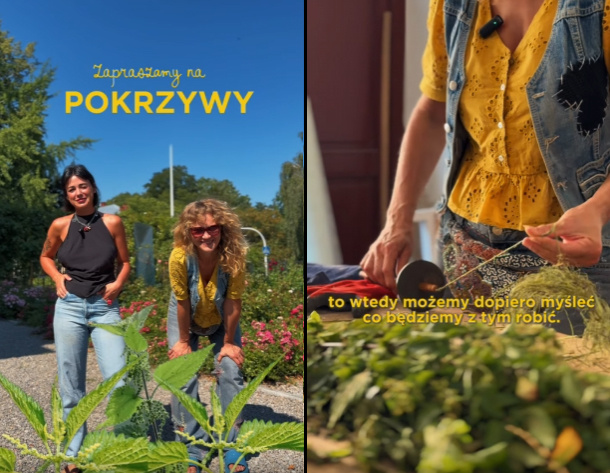 Na zdjęciu połączenie dwóch fotografii - po lewej dwie osoby i pokrzywy, po prawej ręce z wrzecionem nad stosem roślin