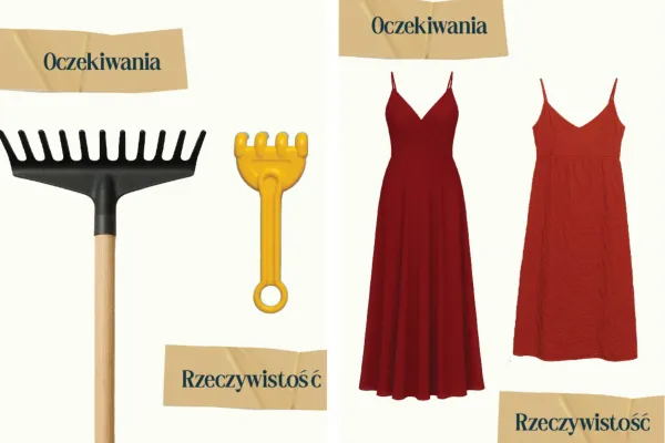 na zdjęciu porównanie produktów oczekiwania/rzeczywistość - sukienek i grabi 