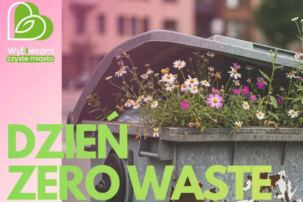 grafika - kwiaty wyrastające z pojemnika na odpady i napis: Dzień Zero Waste
